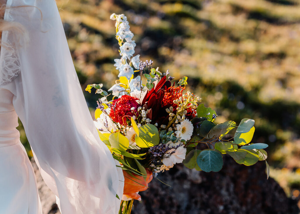a close up shot of a homemade bridal bouquet for their Olympic Peninsula elopement. 