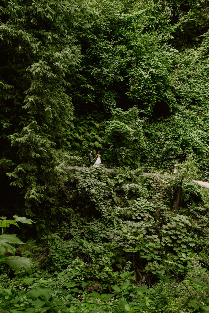 Couple in wedding attire walks hand in hand in lush forest during their waterfall elopement.