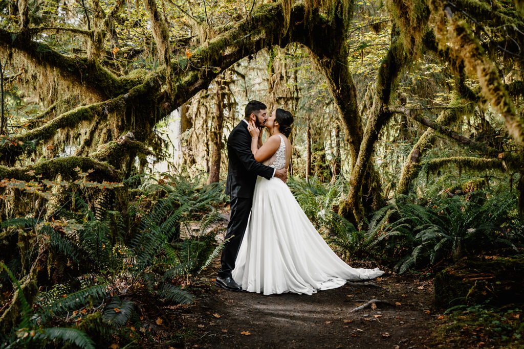 after they decided how to elope, a bride and groom kiss in the middle of a lush rainforest that is beginning to turn with fall colors