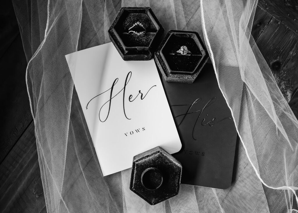a detail shot including the accessories from this lake crescent wedding: vow books, rings, and veil 