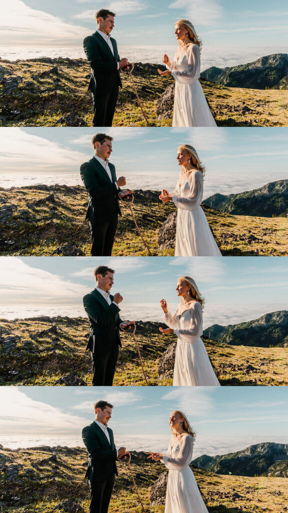 a bride and groom play rock paper scissors to see who will say their vows first during their Olympic Peninsula elopement ceremony