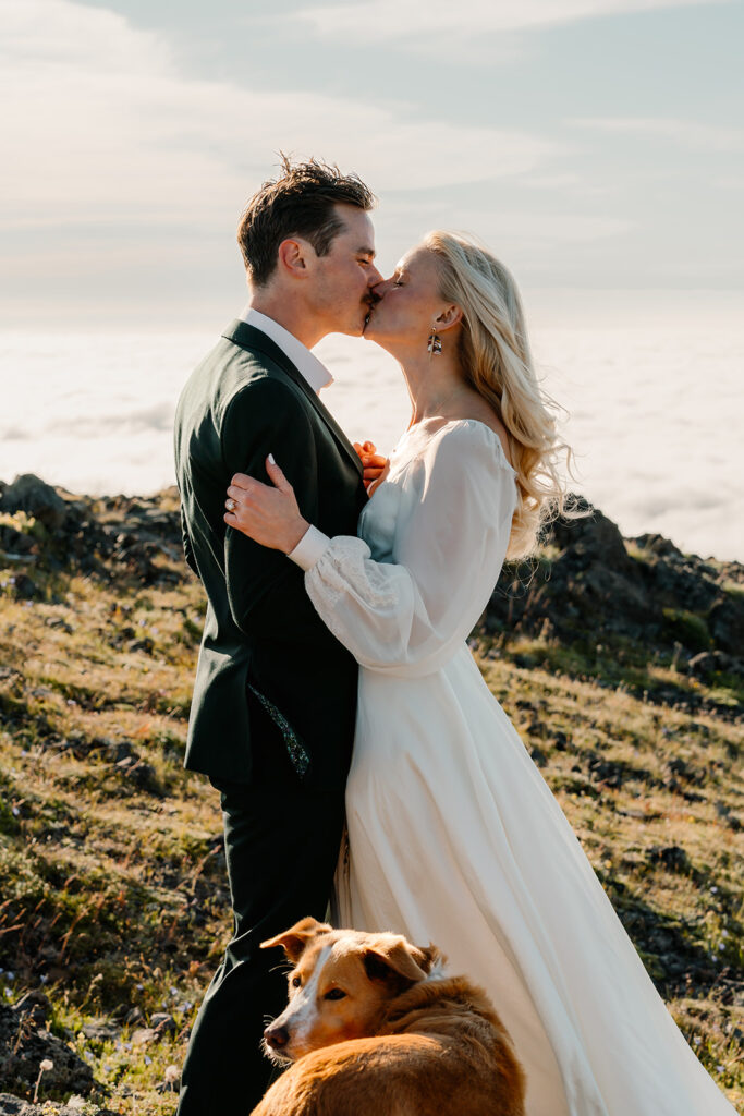 a bride and groom kiss during their Olympic Peninsula elopement. 