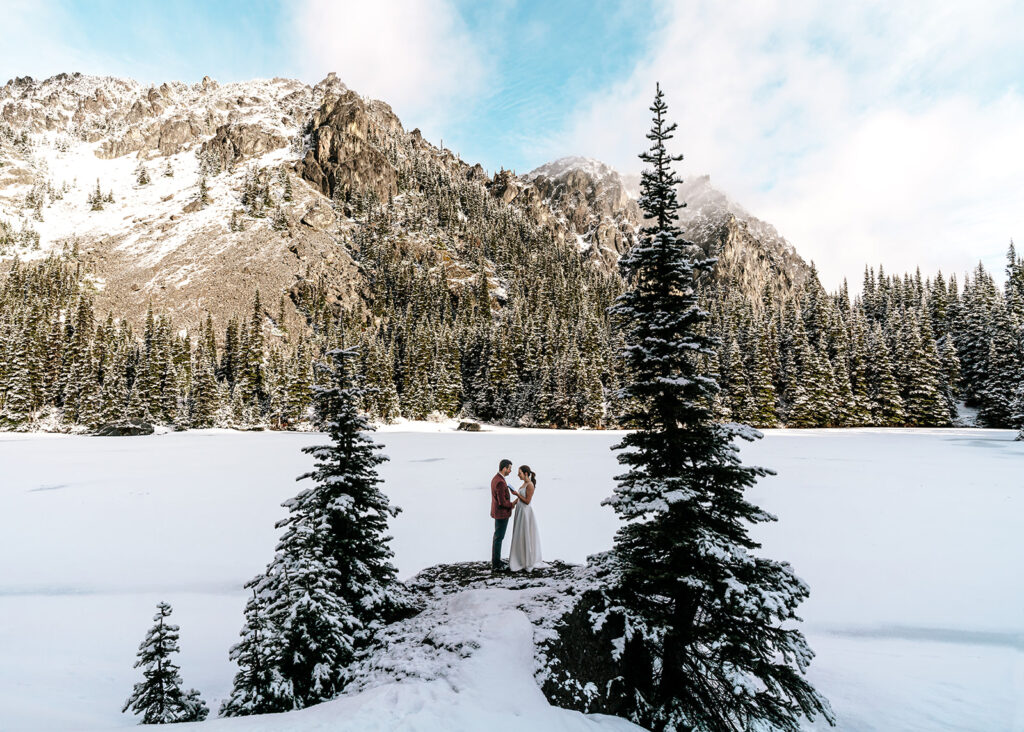 a couple in their wedding attire exchange vows in a snowy landscape. they are perfectly framed by two pines, as they stand on the cliff and embrace during their Olympic National Park elopement
