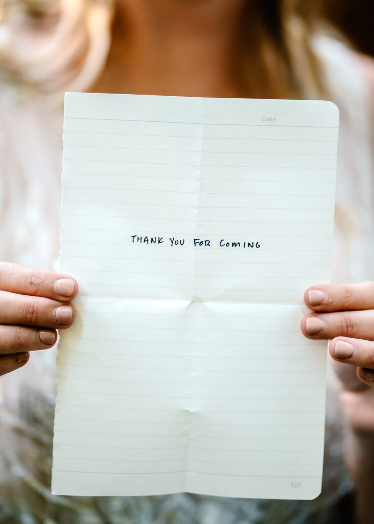 an image of a brides speech for their guests that attended their mt baker micro wedding it reads "thank you for coming"