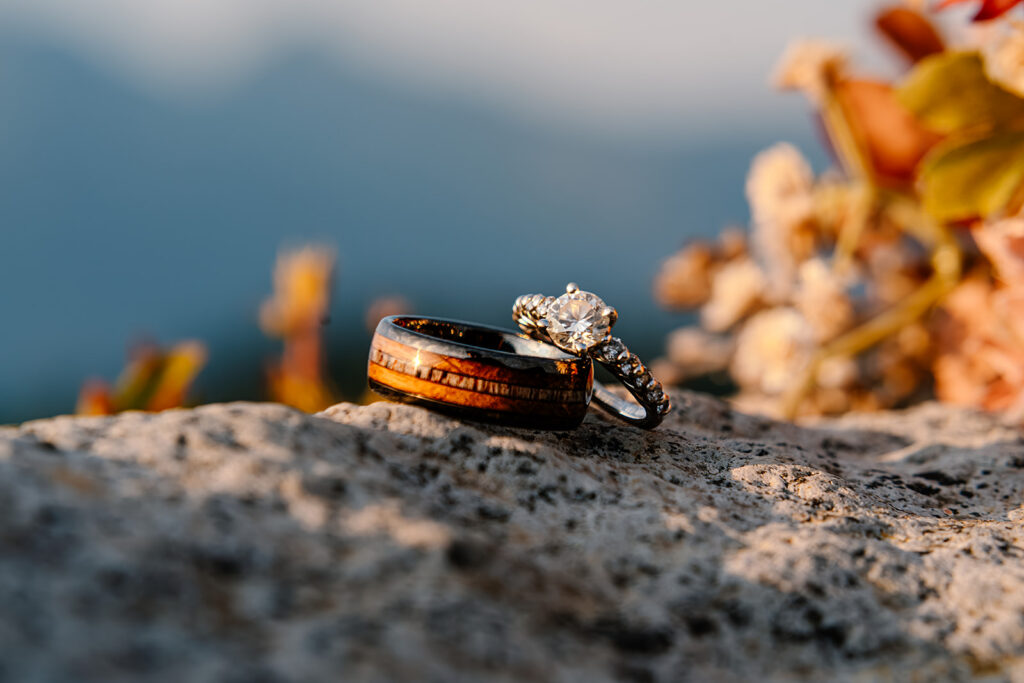 a close up shot of the wedding rings from this mt baker micro wedding placed on a gray rock. the silhouette of the blue mountains is blurry in the background 