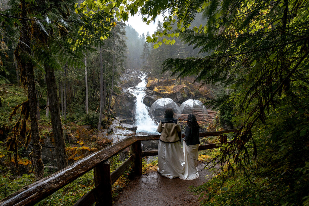 two brides view a waterfall from a wooden bridge. the rain is pouring down and they hold clear umbrellas over their heads 