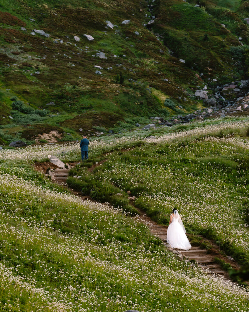 a groom stands at the top of a trail of dirt stairs. His bride slowly climbs. they are framed by white wildlflowers