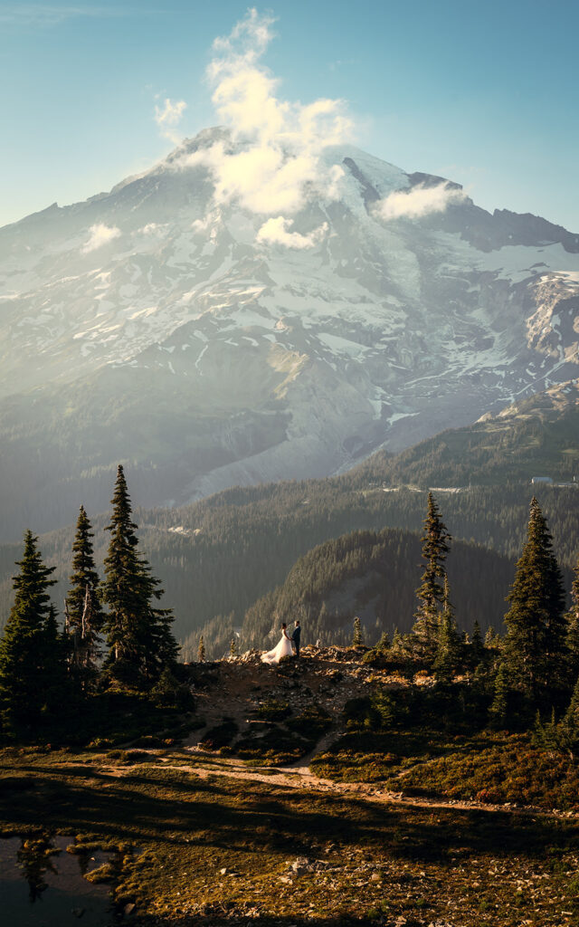 a vertical panoramic shot of a reflective tarn and a staggering mount rainier. Exactly center, we see a tiny couple in the scene. They are in their wedding attire for their mount rainier micro wedding