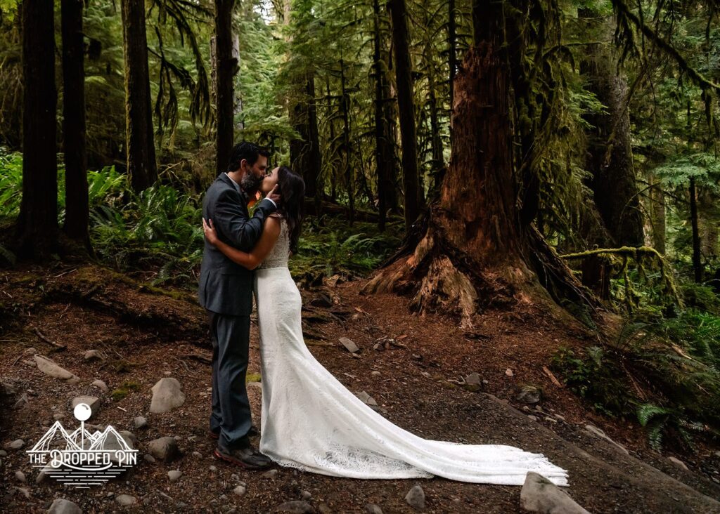 A bride and groom embrace in the woods after their first look during their Washington elopement