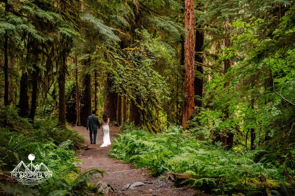 couple in wedding attire walk through a winding trail in the forest during their Washington elopement