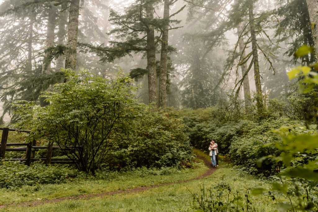 A wide shot of a couple walking among the lush greenery of a forest. 