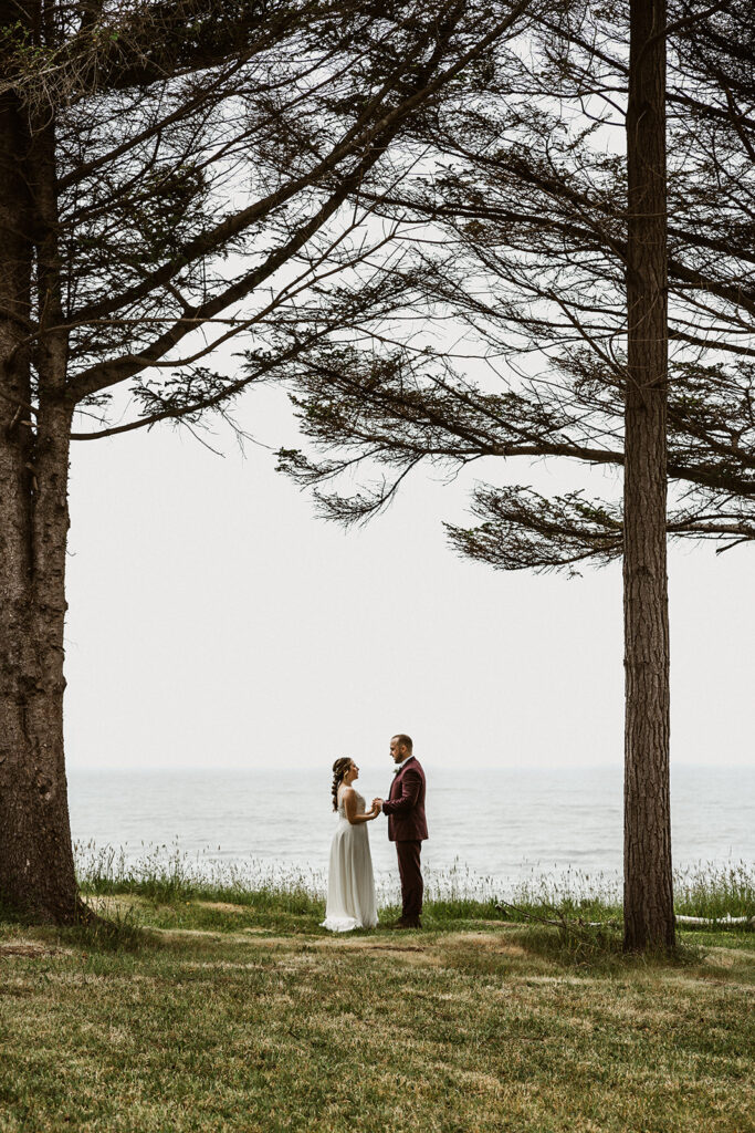 A bride and groom in their wedding attire stand between two trees, the ocean behind them as they hold hands