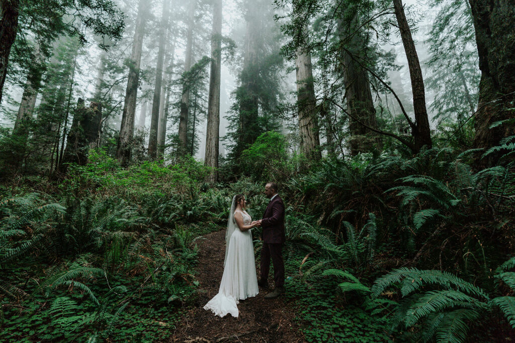 Redwoods soar behind our couple as they begin their forest wedding