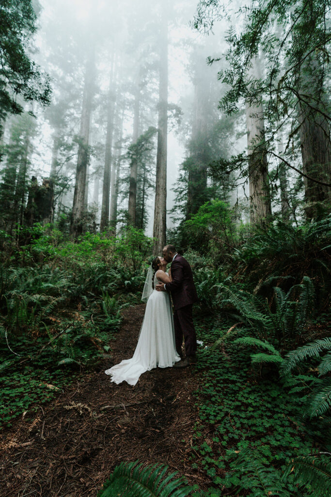 After their forest wedding, a couple, in wedding attire, shares their first kiss. They embrace with lush greenery and fog surrounding them. 