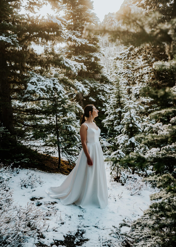 A bride in her wedding dress stands in a snowy landscape, gazing out, she is surrounded by snowy pines with golden, morning light as their backpacking wedding begins