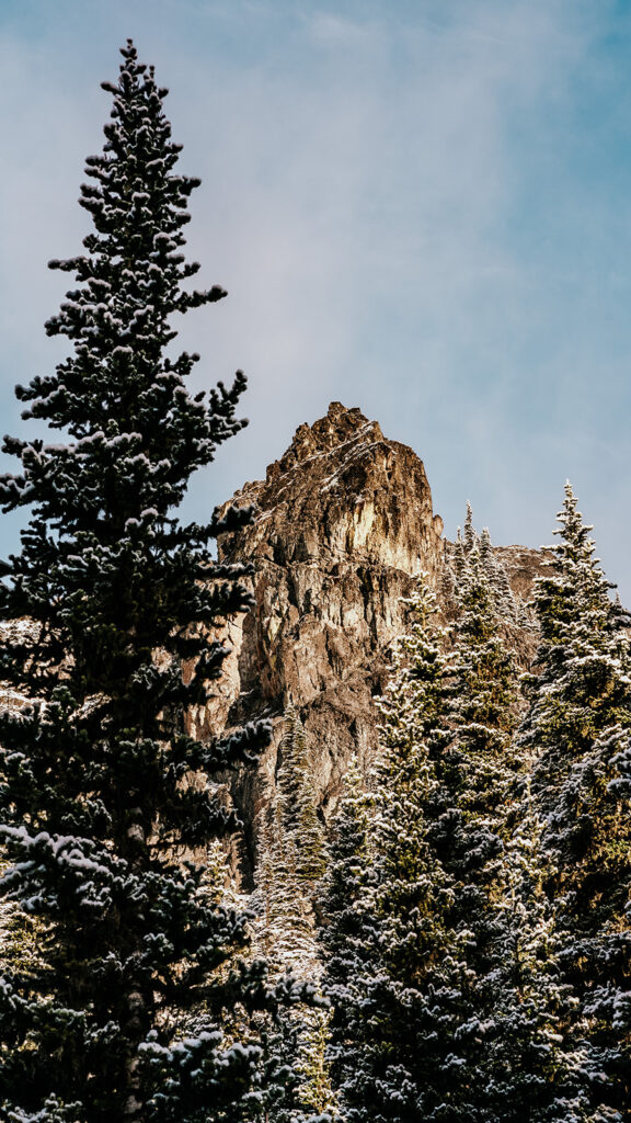 a vertical landscape shot showing off the location for this backpacking wedding. A snowy peak, pines, are all blanketed with fresh snow