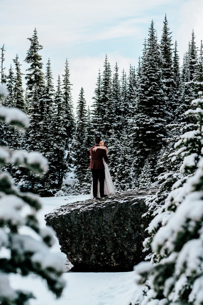 During their backpacking wedding a couple embraces between a cluster of pines. the landscape is blanketed with fresh snow. 