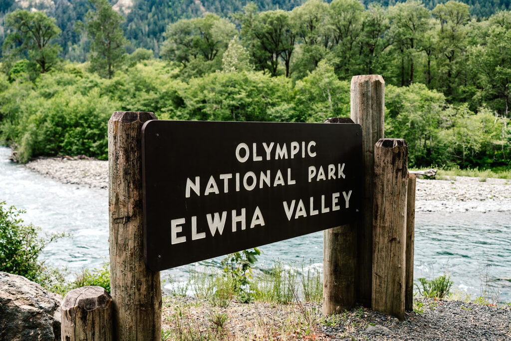 a landscape shot of a wooden sign that reads "olympic national park elwha valley" a bright, blue river runs behind it 