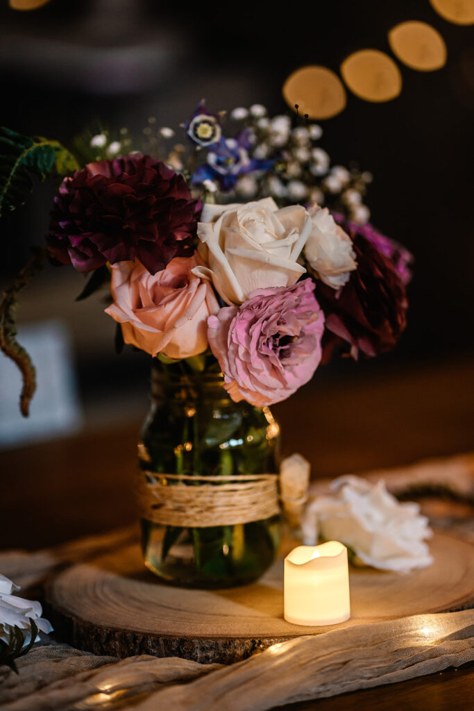 a close up detail shot of the table arrangement from this backpacking wedding. 