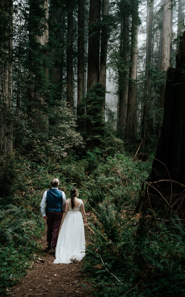 a moody image of a couple in wedding attire walking through the forest, heading to their elopement ceremony location