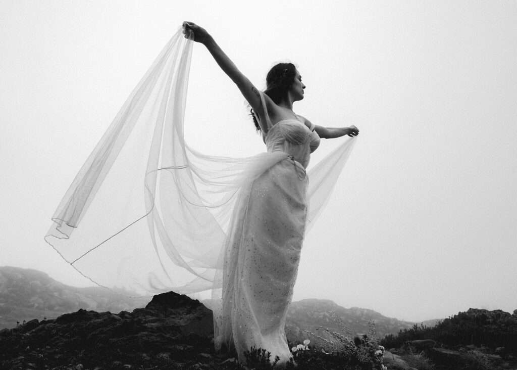 an editorial, black and white shot of a bride in her wedding dress. she embraces the wind and holds her fabric out so it flows against it during her north cascades elopement