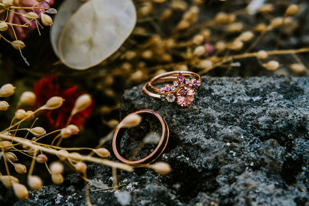 detail shots of a bridal bouquet and wedding rings from this north cascades elopement