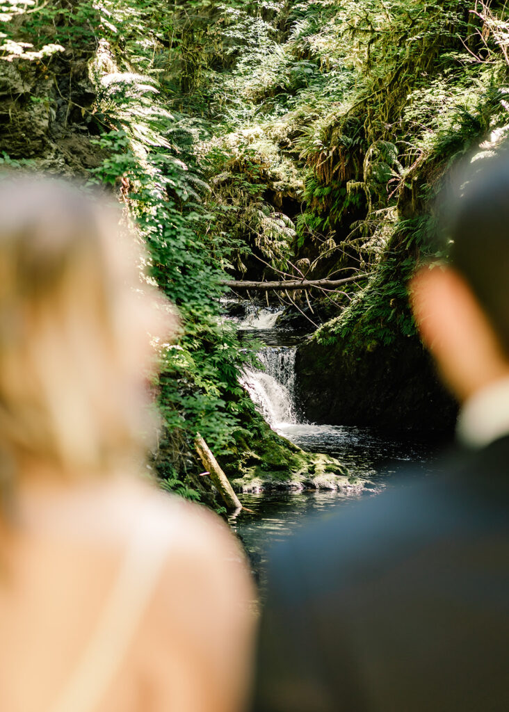 A shot of a baby waterfall in a green foliage covered canyon. It is framed by the faces of a bride and groom. They are dressed in their wedding attire to prepare for their ruby beach elopement